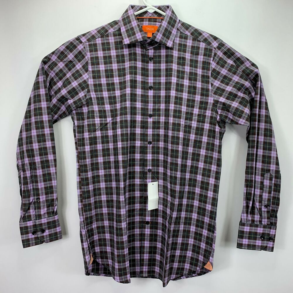 Tallia Mens Classic Fit Plaid Button Down Dress Shirt Purple M 15 34/35